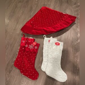 Holiday Time 19” Quilted Red Velvet Christmas Stocking and Tree Skirt 48"